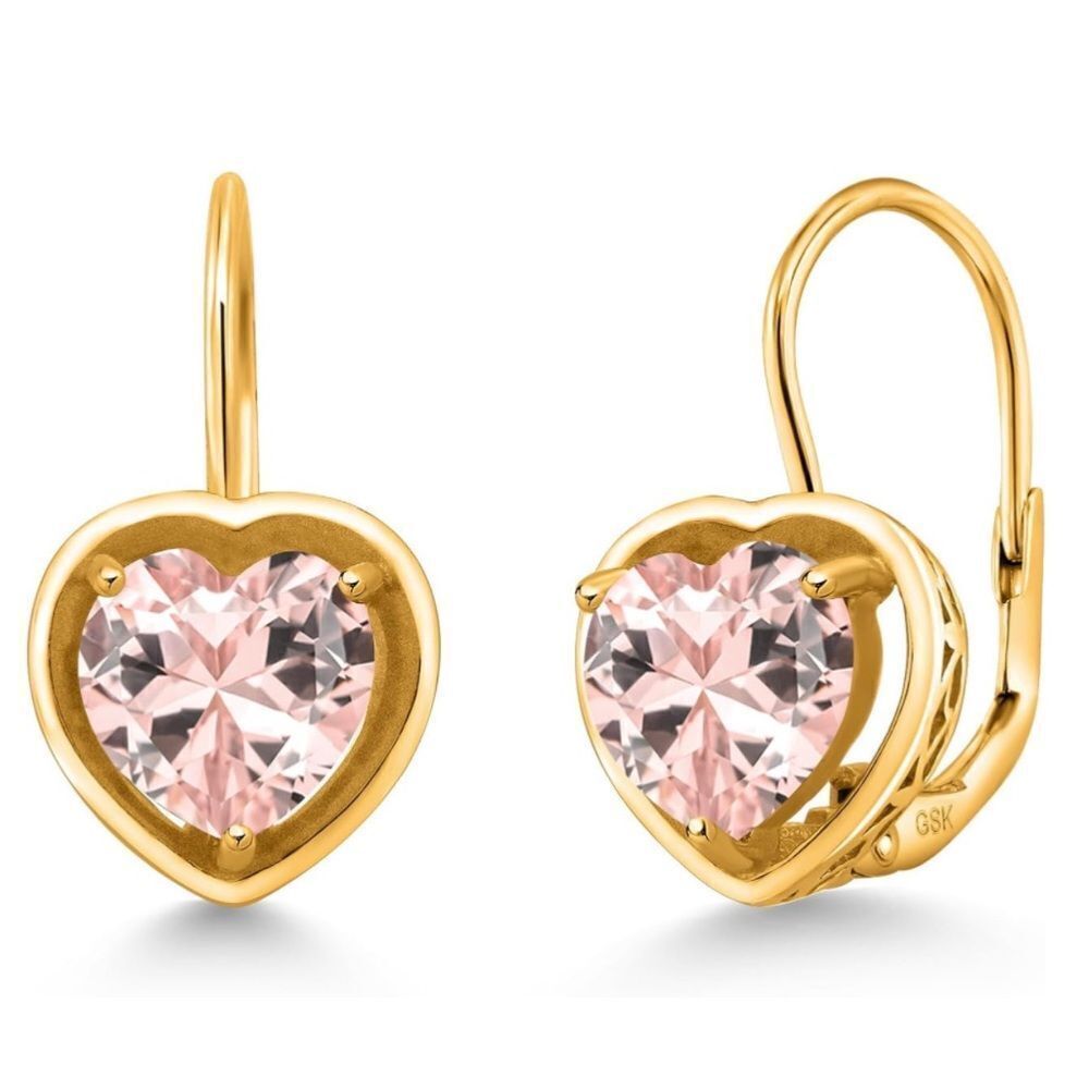 18K Yellow Gold 925 with 2.50 Cttw 7MM Peach Morganite Heart Leverback Earrings